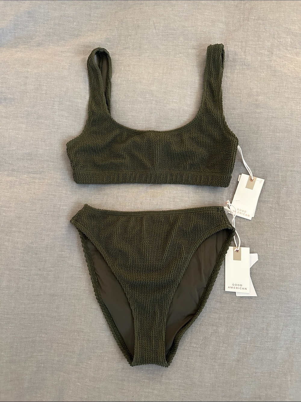 NWT Good American Olive Textured Scoop Bikini Set with High Rise Bottoms S/M